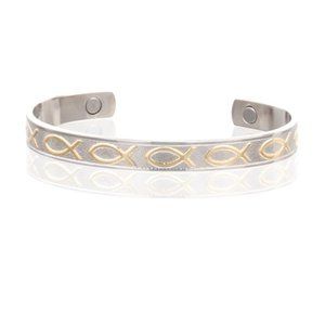 Jesus Fish Design Two Tone Magnetic Bracelet Naturally Heal Pain Relieve Cuff